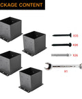 Heavy Duty Black Powder Coated 6x6 Post Base Brackets For Deck Porch Fence Railing And Pergola Support 4 Pack With Inner Size 5.6 By 5.6 Inches Durable Steel Anchor, showing four brackets, screws, and a wrench.