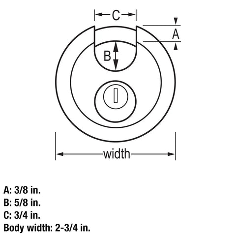 Diagram of 2-Pack Round Steel Padlocks With Shielded Shackle, 2 3/4 Inch Wide, showing dimensions and lock details.