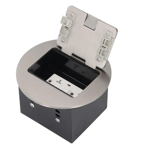 Rock Solid Round Recessed Floor Outlet Kit Featuring Heavy Duty Stainless Steel Case And Dual 20A Three Prong Electrical Sockets.