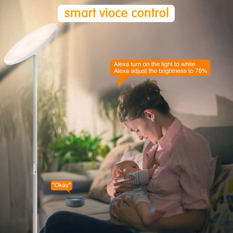 Smart RGB Floor Lamp With Alexa And Google Home WiFi, Tall Modern Torchiere Standing Lamp used by woman holding baby