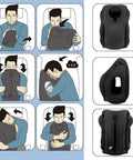 Inflatable Travel Neck Pillow With 3D Eye Mask And Earplugs shown in use with diagrams of different sleeping positions and black color.