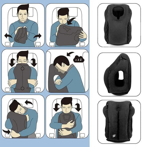 Inflatable Travel Neck Pillow With 3D Eye Mask And Earplugs shown in use with diagrams of different sleeping positions and black color.