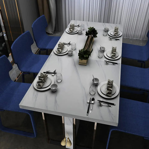 Dining table with Wide Milk White Marble Wallpaper Easy Peel And Stick 24 Inch By 394 Inch Roll, set for dinner