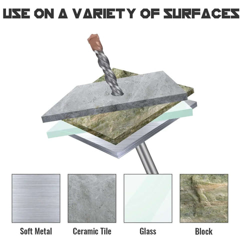 Front view of SDS Plus Rotary Hammer Drill Bit Set (10-pack), carbide-tipped, shown with stone and concrete layers plus tile, glass, and block swatches