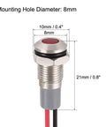 12V-24V AC DC Red LED Indicator Light, 8mm Panel Mount, waterproof metal shell, diagram with dimensions, for vehicles, IP66