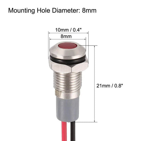 12V-24V AC DC Red LED Indicator Light, 8mm Panel Mount, waterproof metal shell, diagram with dimensions, for vehicles, IP66