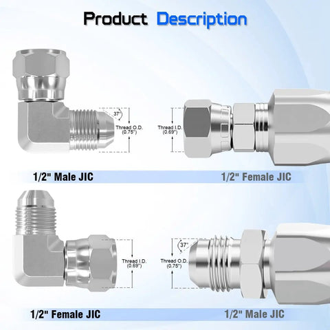 Beefy One Half Inch JIC 37 Degree Male To One Half Inch JIC 37 Degree Female Swivel Hydraulic Adapter Fitting, 90° elbow, steel