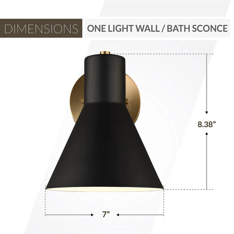 Front view of Towner One Wall Sconce Vanity Light in Satin Brass, black steel shade, dimensions labeled, 8 x 7 x 8.38 inches.