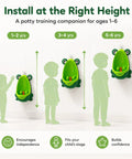 Cute Green Frog Potty Urinal For Toddlers featuring adjustable height options for ages 1-6, wall-mounted design for easy use.