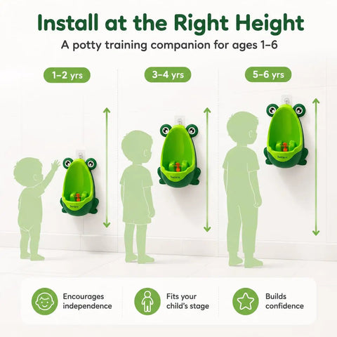 Cute Green Frog Potty Urinal For Toddlers featuring adjustable height options for ages 1-6, wall-mounted design for easy use.