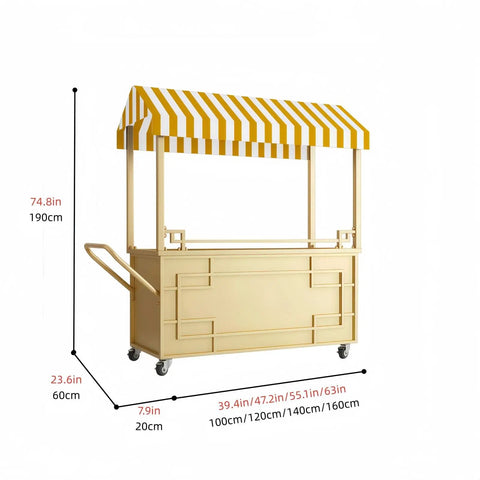 Hustle Ready Portable Mobile Vendor Cart, Dope Flower Display Stand With Heavy Duty Awning, golden cart with yellow striped canopy.