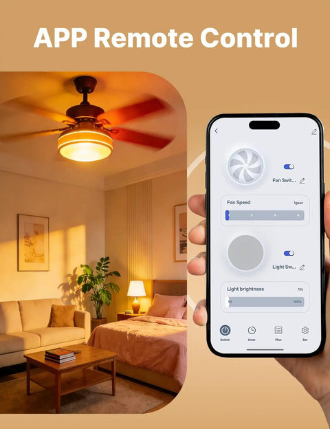 App controlling Star Ring Smart Ceiling Fan Control And Dimmer Switch, 2.4GHz WiFi Smart Switch in cozy living room.