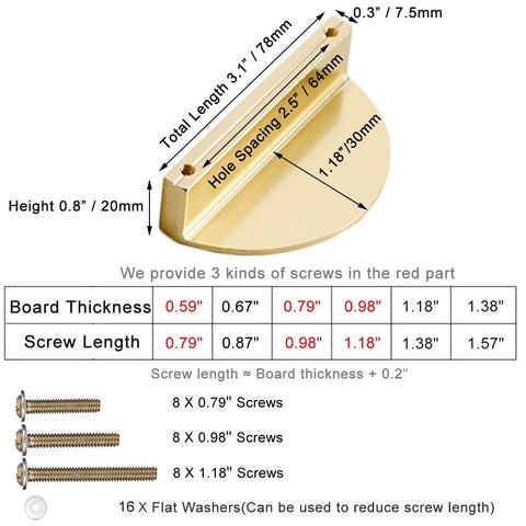 Gold Half Moon Cabinet Pull with 2.52 inch hole spacing, shown with dimensions and three screw sizes included for easy installation.