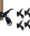 Hella Sturdy Workbench Casters Kit With Pedal Operated Lift Lower Mechanism shown with 360 degree swivel wheels for home benches.