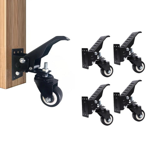 Hella Sturdy Workbench Casters Kit With Pedal Operated Lift Lower Mechanism shown with 360 degree swivel wheels for home benches.