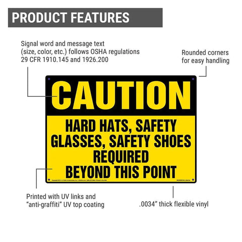 Caution PPE Required Sign For Job Sites 14 By 10 Inch Aluminum Safety Notice With Rounded Corners Hard Hats Eye Protection And Safety Shoes Indoor Outdoor Use OSHA Compliant