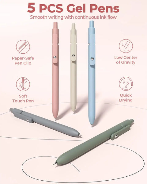 5 PCS Gel Pens with soft touch, paper-safe clips, and pastel colors included in 56 Piece Cute Pink Pencil Case Back To School Kit