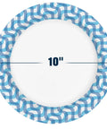 10 inch thickened disposable paper plate with blue pattern, part of the Bulk Pack 300 Count Heavy Duty Dinner Plates for events.