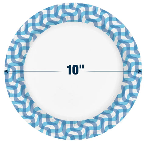 10 inch thickened disposable paper plate with blue pattern, part of the Bulk Pack 300 Count Heavy Duty Dinner Plates for events.