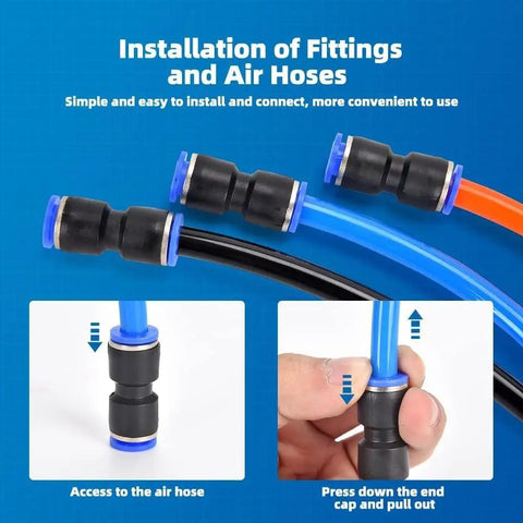 Solid Set Of 80 Pneumatic Straight Push To Connect Fittings Assortment Kit Featuring Quick Connect Air Hose Adapters In 4mm 6mm 8mm 10mm And 12mm Sizes, shown with hoses and hand release