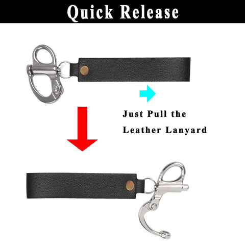 Two-piece quick-release clip shackle with black leather lanyard and stainless steel hardware for SCBA use