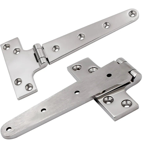 Marine Grade 316 Stainless Steel T Hinges 8 By 4 Inch Heavy Duty Boat Hatch Hardware 2 Pack Polished Finish close-up view.
