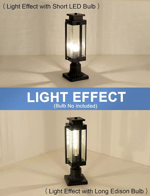Heavy Duty 18 Inch Outdoor Post Light Lantern With Pier Mount Base, IP65 Waterproof Black Finish And Seeded Glass, light effect