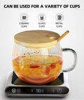 Smart USB Coffee Mug Warmer With Three Temp Settings Keeps Your Daily Brew Nice And Toasted Flat Bottom Heat Pad For Office Home Desk Warm Drink Setup with a glass cup and wooden lid.