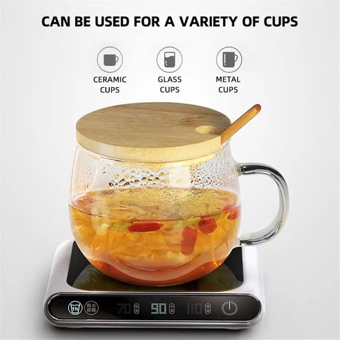 Smart USB Coffee Mug Warmer With Three Temp Settings Keeps Your Daily Brew Nice And Toasted Flat Bottom Heat Pad For Office Home Desk Warm Drink Setup with a glass cup and wooden lid.