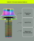 Close-up of a colorful 4 Pack Titanium M5x12mm Bolt for Bicycle Water Bottle Cage Fasteners showing material certification.