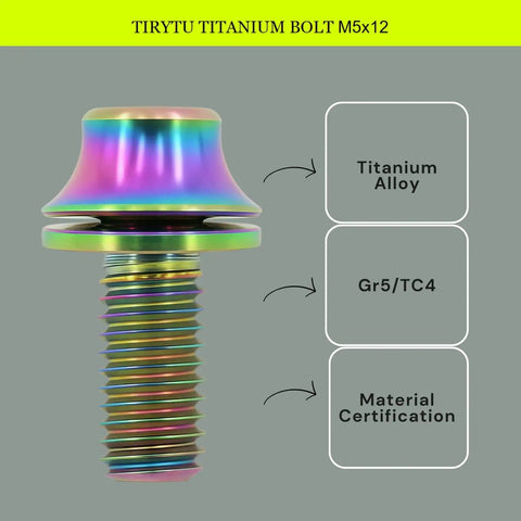 Close-up of a colorful 4 Pack Titanium M5x12mm Bolt for Bicycle Water Bottle Cage Fasteners showing material certification.