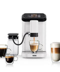 Premium Fully Automatic Coffee Maker Built For Your Daily Grind Features Smart App Control, with coffee cups and milk foam.