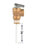 Front view of Camco automatic temp/pressure relief valve with extension probe and lever; brass body, stainless spring