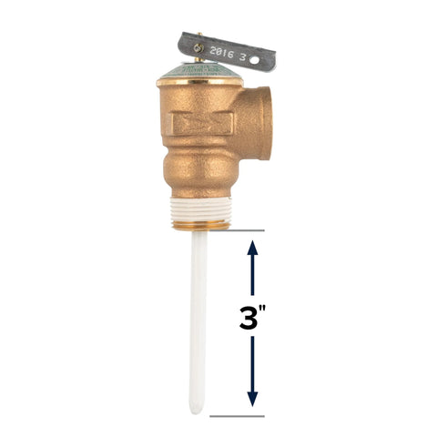 Front view of Camco automatic temp/pressure relief valve with extension probe and lever; brass body, stainless spring