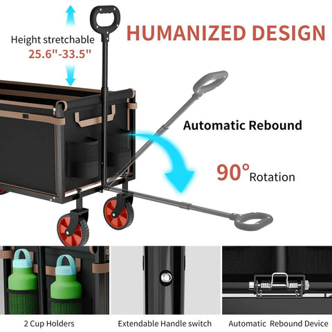 Close-up of All Terrain Collapsible Wagon Cart With 220 Lb Load Capacity showing handle extension and wheels