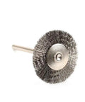 Close-up of a single stainless steel wire wheel brush 25mm T type with 1/8 inch shank for rotary tools, side view.