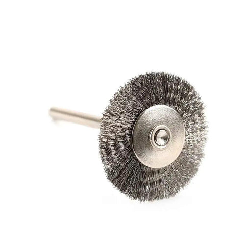 Close-up of a single stainless steel wire wheel brush 25mm T type with 1/8 inch shank for rotary tools, side view.