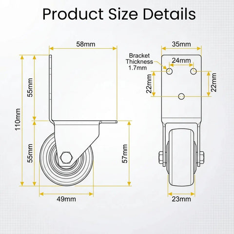 Four Pack 2 Inch Side Mount Casters With Silent Fixed L Bracket Wheels dimensions diagram displaying size details and measurements.
