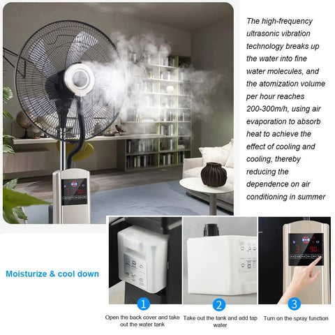 Beat The Summer Heat With This 18 Inch Industrial Grade Misting Floor Fan Serving Chill Air Blast Wide Oscillating Head Smart Touch Controls Plus Wireless Remote with misting feature in a cozy living space.