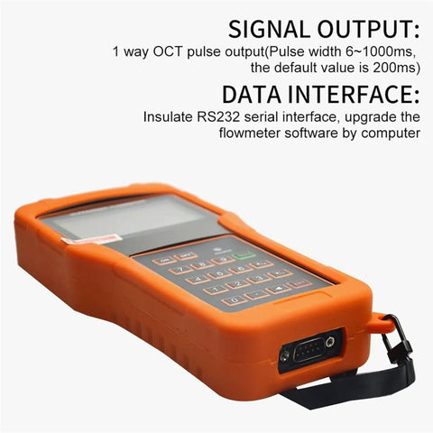 Portable Handheld Ultrasonic Liquid Flow Meter For Copper And PVC Pipes DN50-700mm Clamp-On Digital Water Flowmeter, orange case, RS232 interface