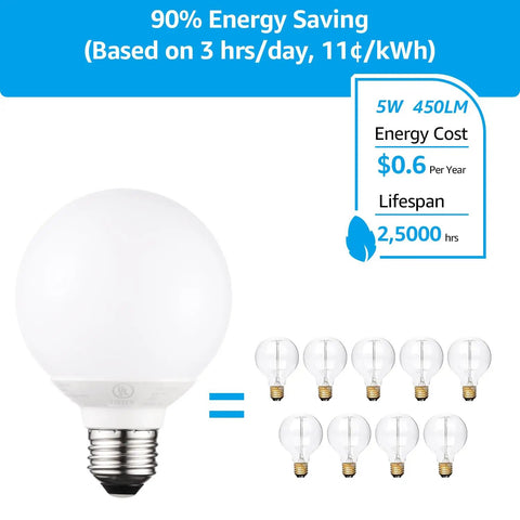 G25 LED Globe Light Bulbs 5W 40W Equivalent Dimmable 450 Lumens 5000K Daylight E26 Base UL Listed Pack of 6 for Bathroom Vanity Mirror Home Decor Energy Saving shown with energy savings and cost details.