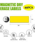 Illustration of Dry Erase Magnetic Labels 1x3 Pack Of 60 with dimensions, features like waterproof, reusable, and full back magnet