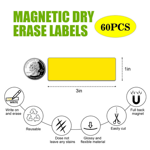 Illustration of Dry Erase Magnetic Labels 1x3 Pack Of 60 with dimensions, features like waterproof, reusable, and full back magnet