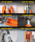 12 In 1 Faucet And Plumbing Multi Tool showing various wrench functions for sink and toilet installations and repairs