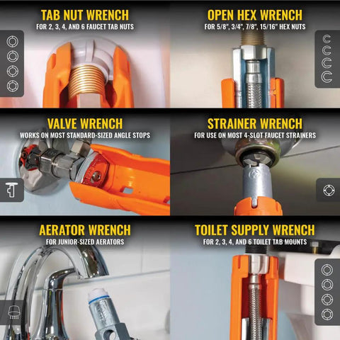 12 In 1 Faucet And Plumbing Multi Tool showing various wrench functions for sink and toilet installations and repairs