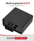 CDI Box Ignition Module For Honda CRF450R 2002 2003 Plug And Play Replacement With Precise Fit Delivers Strong Blue Spark To Spark Plug OEM 30410-MEB-671 Compatible No Mod Needed Keeps Bike Running Smoothly, side view of black module with connector.