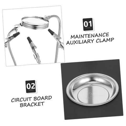 LED Magnifying Lamp With Magnifying Glass Holder for Soldering Circuit Boards, showing auxiliary clamp and circuit board bracket