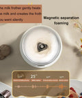 Top view of a fully automatic milk frother for hot or cold foam in action, showing creamy foam and noise level display.