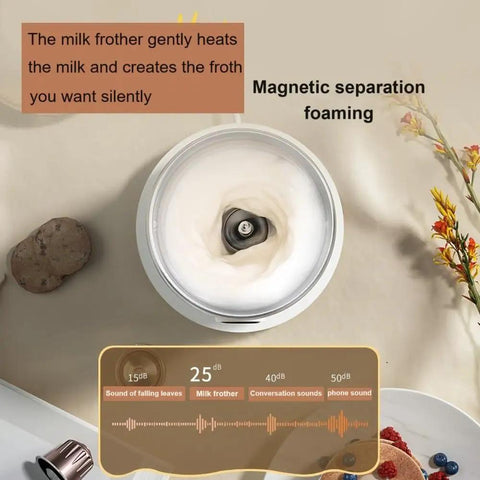 Top view of a fully automatic milk frother for hot or cold foam in action, showing creamy foam and noise level display.