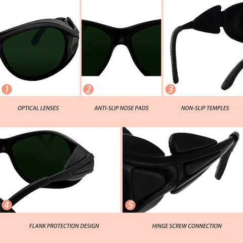 Kickass Five Pack Od4 Plus Laser Safety Glasses For 650 Nm Light With Hella Secure Wrap Around Coverage And En207 Certified Shielding showing optical lenses and anti-slip features.
